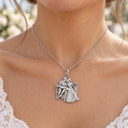 Park Bench Wedding Kiss Charm Necklace Set – worn / in use