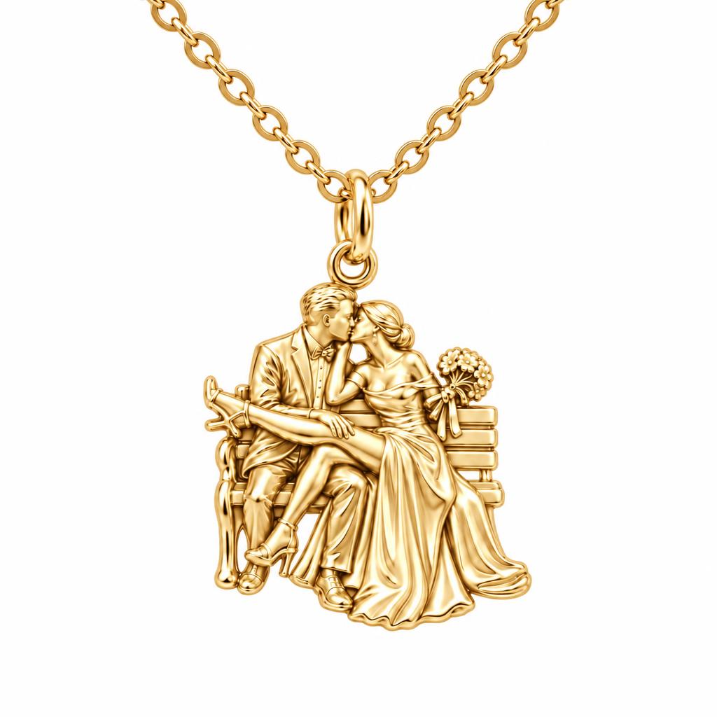 Park Bench Wedding Kiss Charm Necklace Set – 18K gold, front view