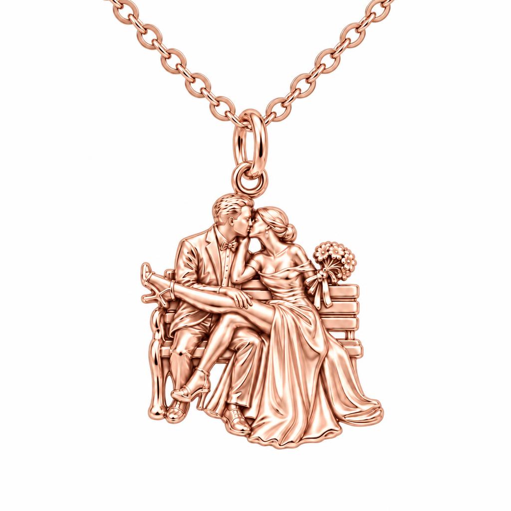 Park Bench Wedding Kiss Charm Necklace Set – rose gold, front view