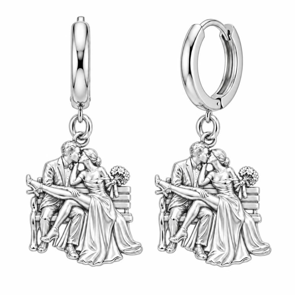 Park Bench Wedding Kiss Huggie Charm Earrings – silver, front view