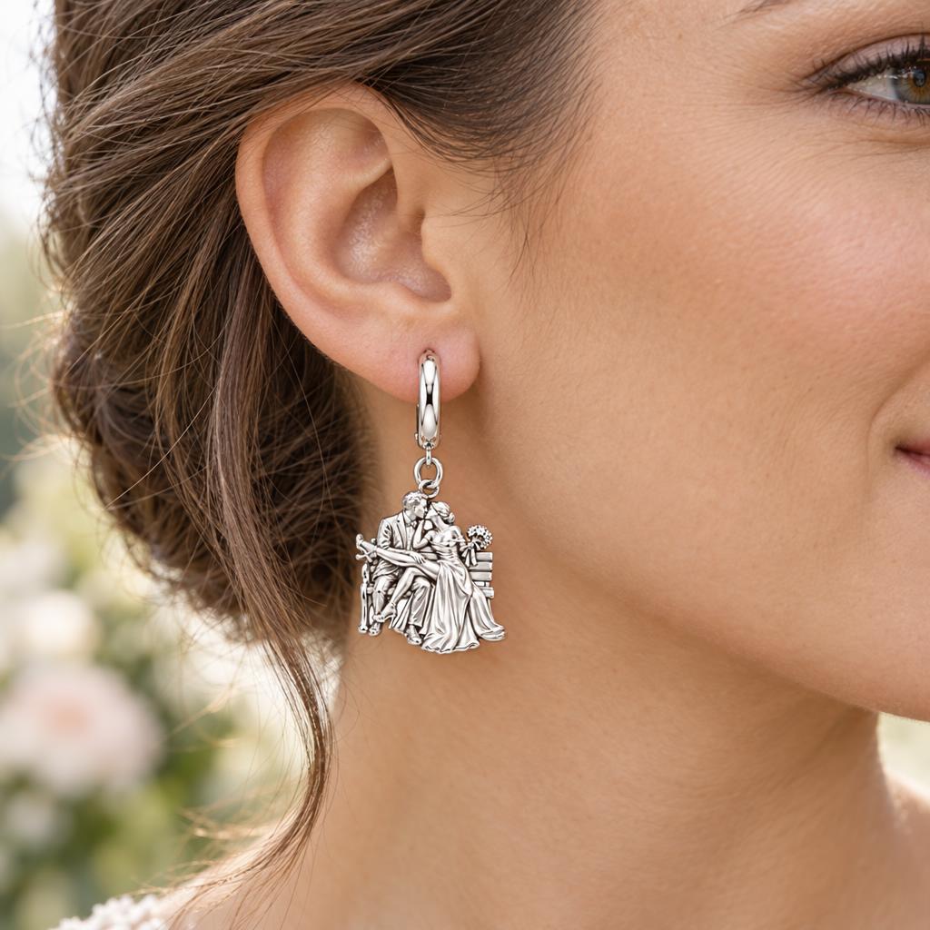 Park Bench Wedding Kiss Huggie Charm Earrings – worn / in use