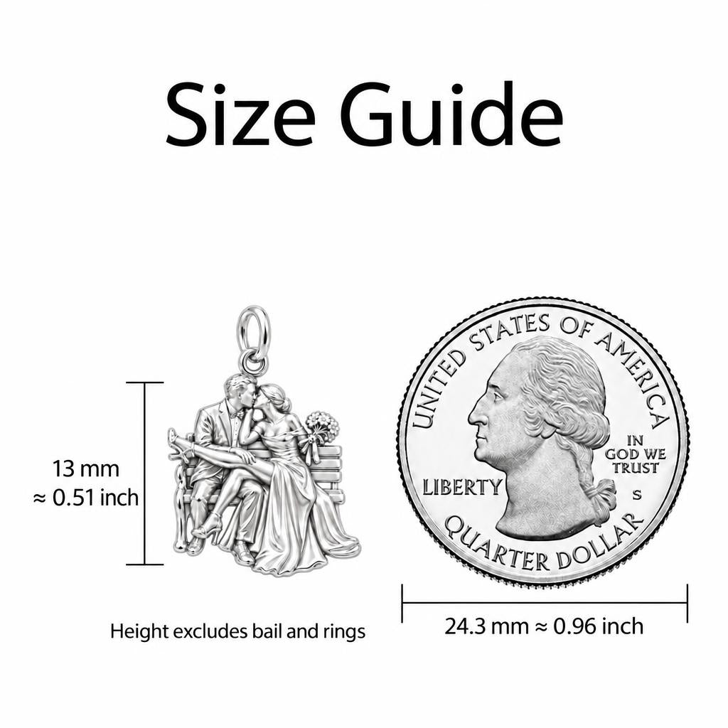Park Bench Wedding Kiss Huggie Charm Earrings – size guide, 13 mm charm next to a quarter