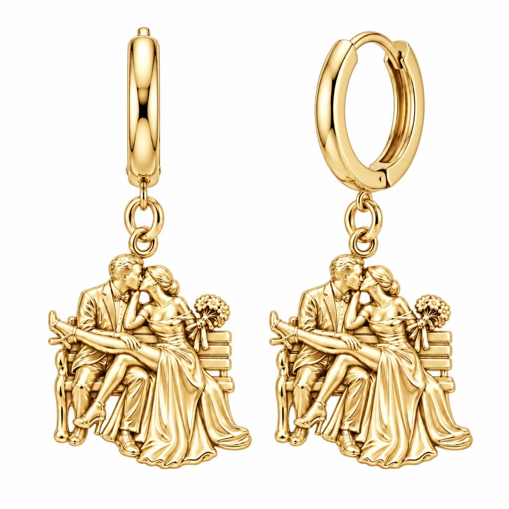 Park Bench Wedding Kiss Huggie Charm Earrings – 18K gold, front view