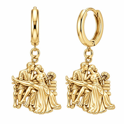 Park Bench Wedding Kiss Huggie Charm Earrings – 18K gold, front view