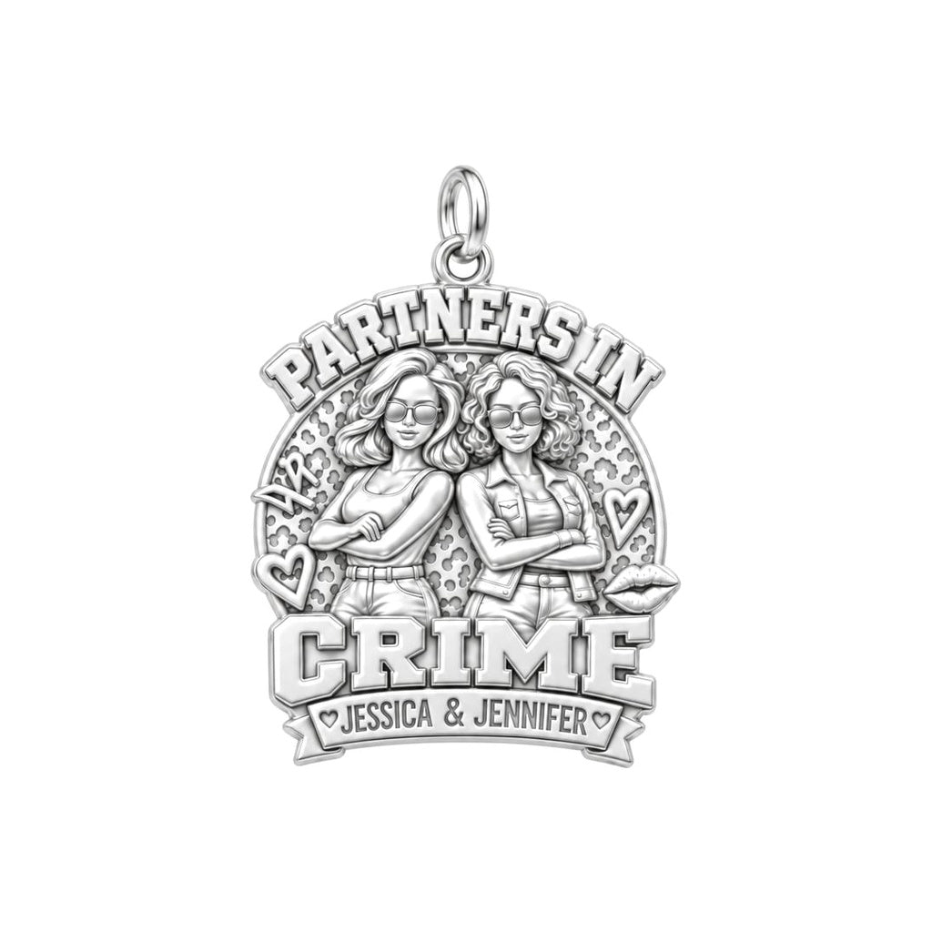 Partners in Crime Charm Bracelet – Personalized Bestie Gift – silver plated 3 cm charm, front view