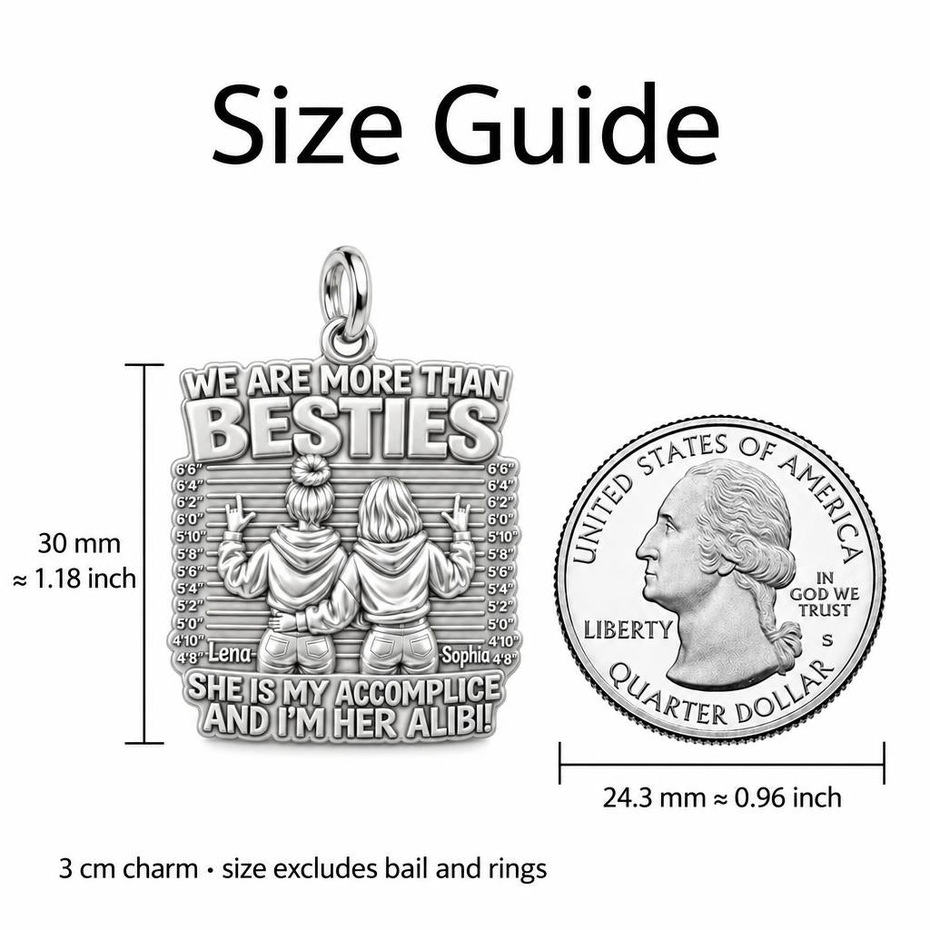 Partners In Crime Charm Bracelet – Personalized Bestie Gift – size guide, 3 cm charm next to a quarter