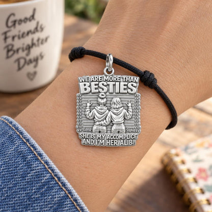 Partners In Crime Charm Bracelet – Personalized Bestie Gift – worn on the wrist on a black cord bracelet