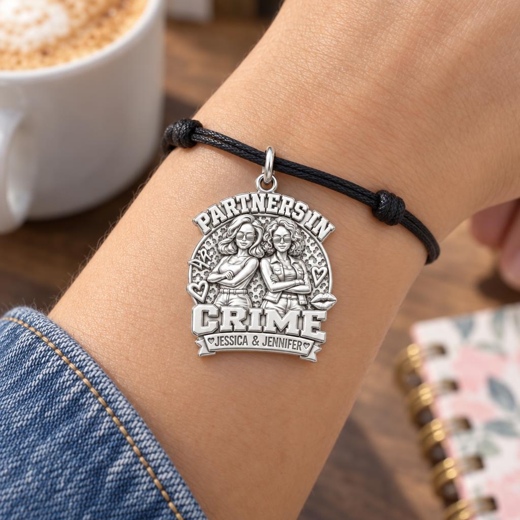 Partners in Crime Charm Bracelet – Personalized Bestie Gift – worn on the wrist on a black cord bracelet