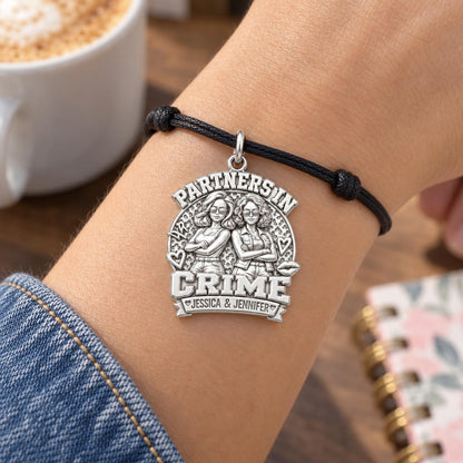 Partners in Crime Charm Bracelet – Personalized Bestie Gift – worn on the wrist on a black cord bracelet