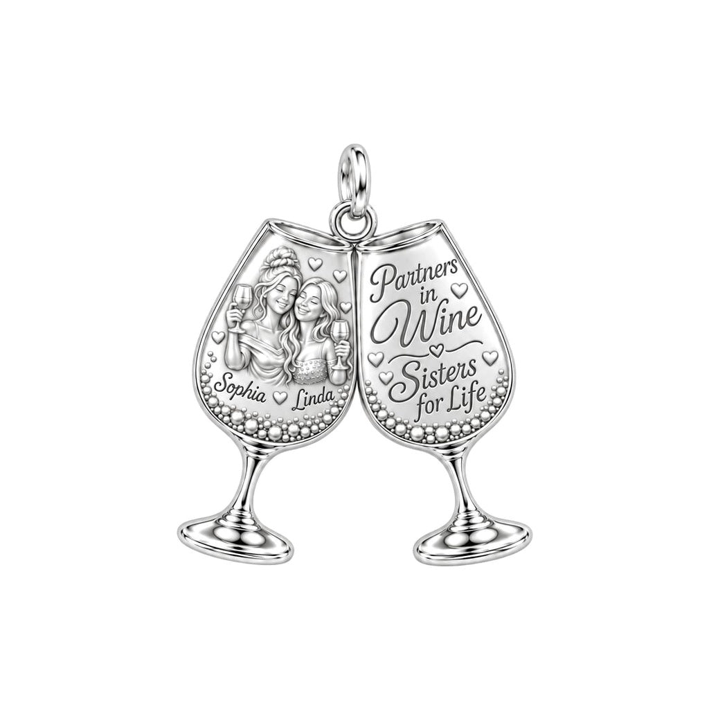 Partners in Wine Charm Bracelet – Personalized Bestie Gift – silver plated 3 cm charm, front view