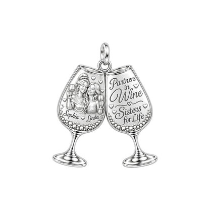 Partners in Wine Charm Bracelet – Personalized Bestie Gift – silver plated 3 cm charm, front view