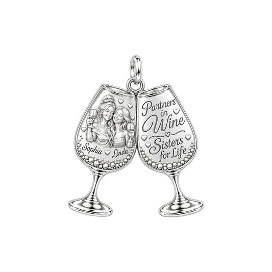 Partners in Wine Charm Bracelet – Personalized Bestie Gift – silver plated 3 cm charm, front view