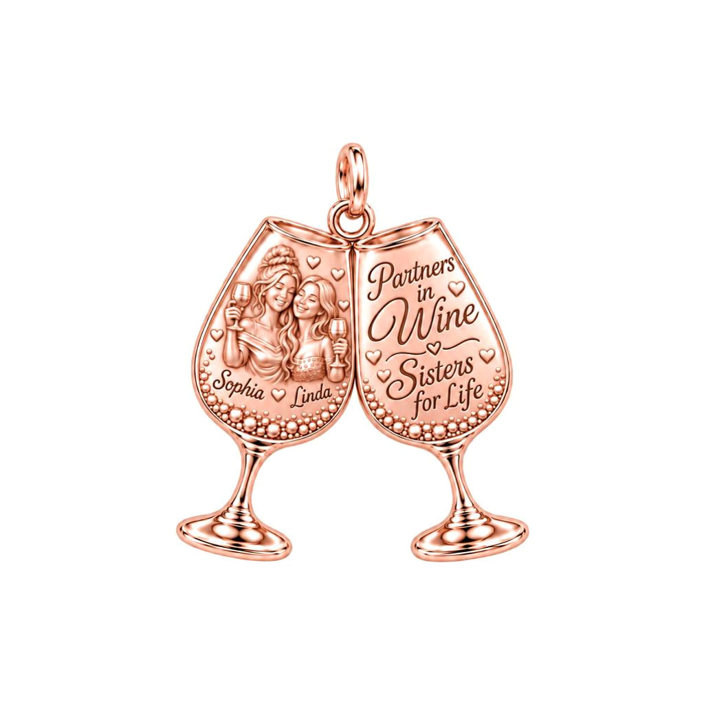 Partners in Wine Charm Bracelet – Personalized Bestie Gift – rose gold 3 cm charm, front view