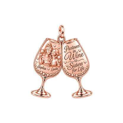 Partners in Wine Charm Bracelet – Personalized Bestie Gift – rose gold 3 cm charm, front view