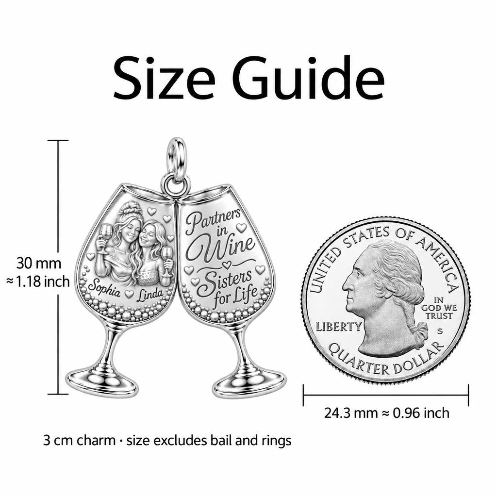 Partners in Wine Charm Bracelet – Personalized Bestie Gift – size guide, 3 cm charm next to a quarter