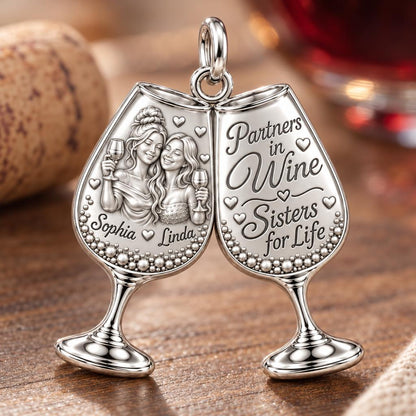 Partners in Wine Charm Bracelet – Personalized Bestie Gift – macro detail of the charm