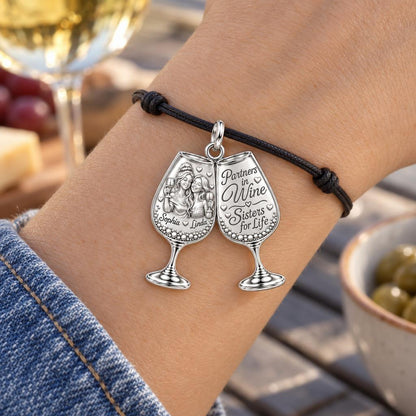Partners in Wine Charm Bracelet – Personalized Bestie Gift – worn on the wrist on a black cord bracelet