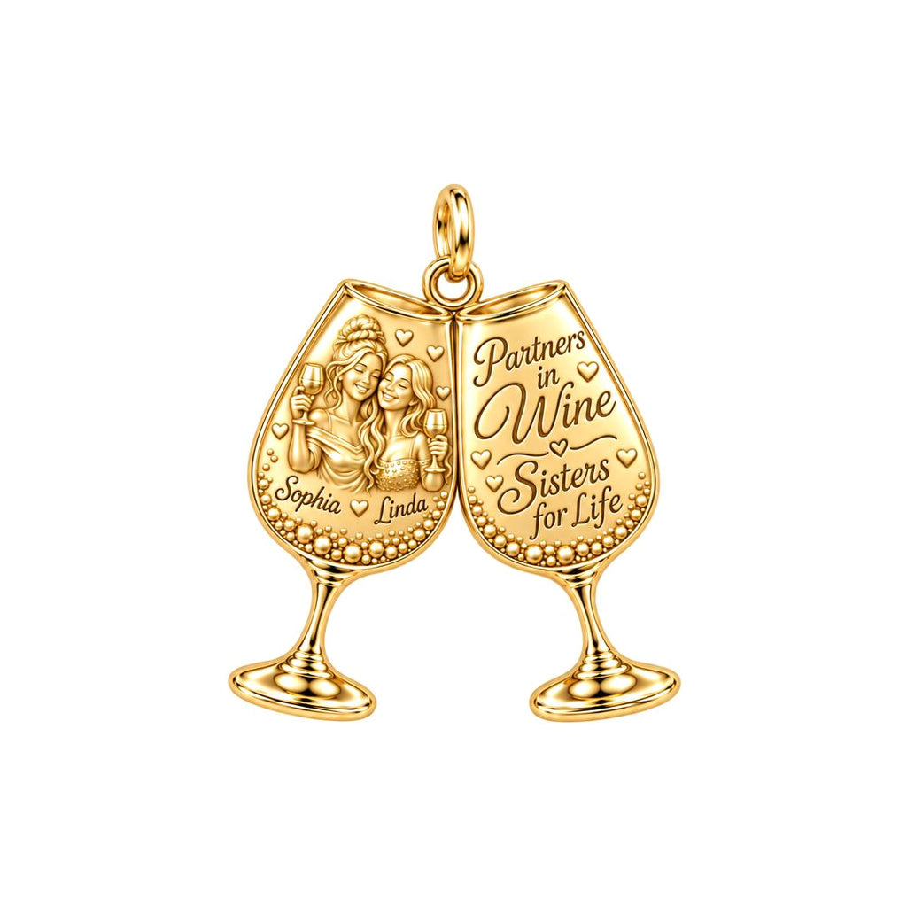 Partners in Wine Charm Bracelet – Personalized Bestie Gift – 18K gold plated 3 cm charm, front view