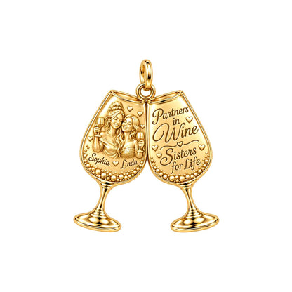 Partners in Wine Charm Bracelet – Personalized Bestie Gift – 18K gold plated 3 cm charm, front view