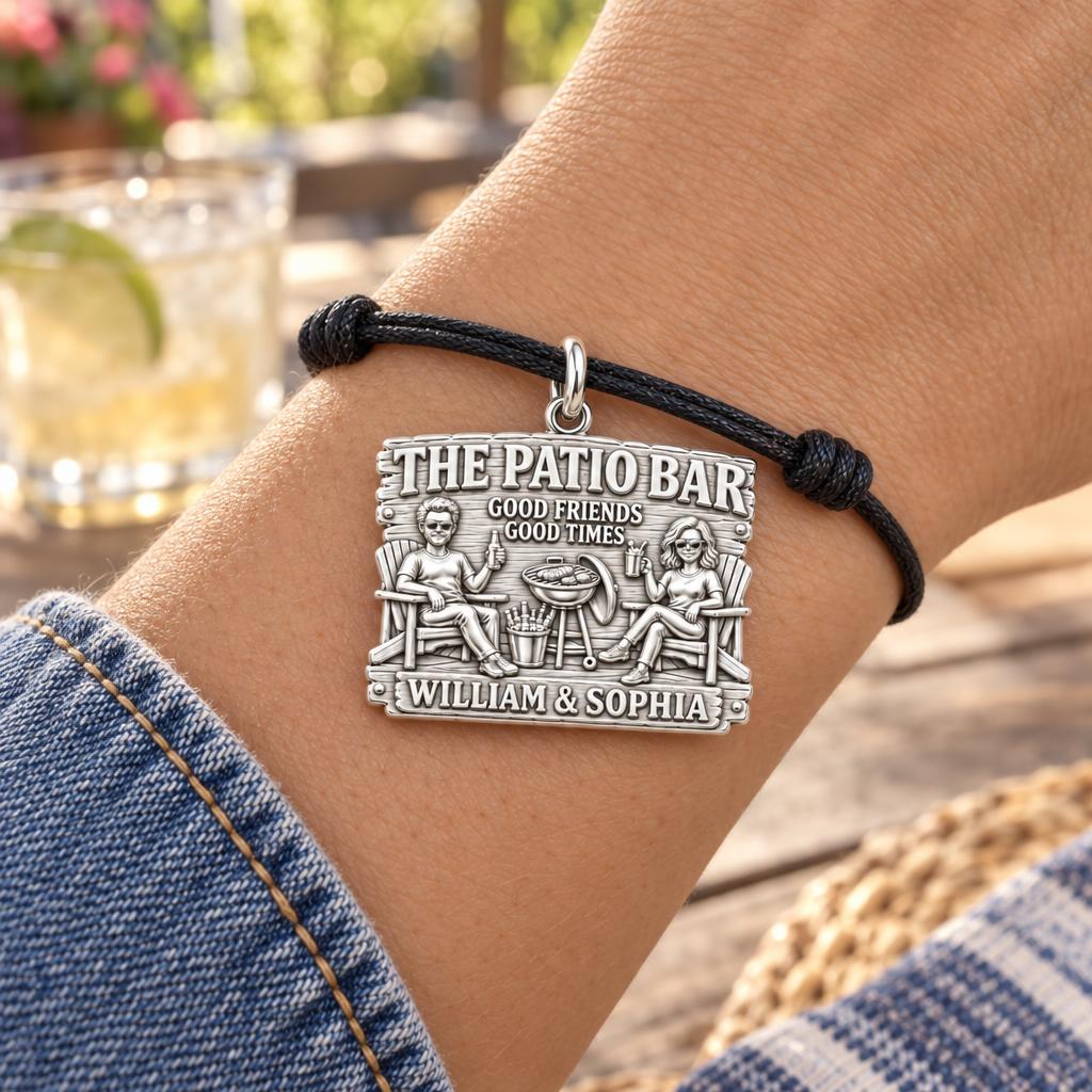 Patio Bar Good Times Charm Bracelet – Personalized Couple Gift – worn on the wrist on a black cord bracelet