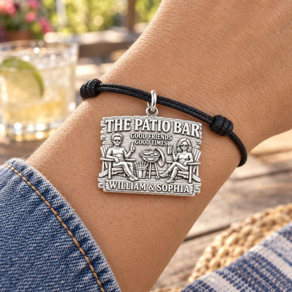 Patio Bar Good Times Charm Bracelet – Personalized Couple Gift – worn on the wrist on a black cord bracelet