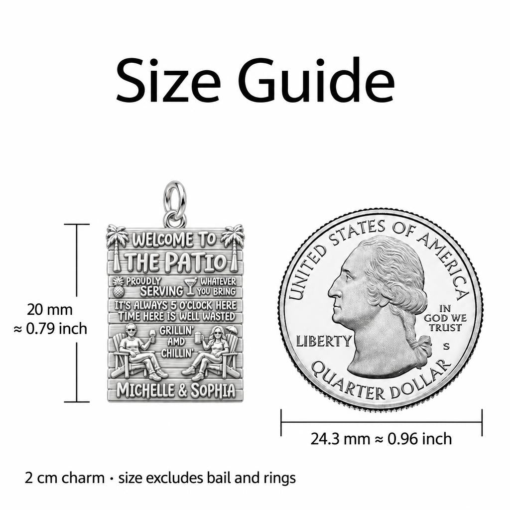 Patio Paradise Charm Bracelet – Personalized Couple Gift – size guide, 2 cm charm next to a quarter