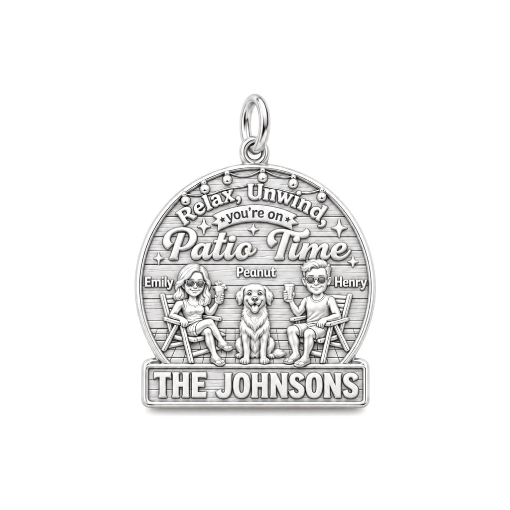 Patio Time Family Charm Bracelet – Personalized Couple Gift – silver plated 3 cm charm, front view