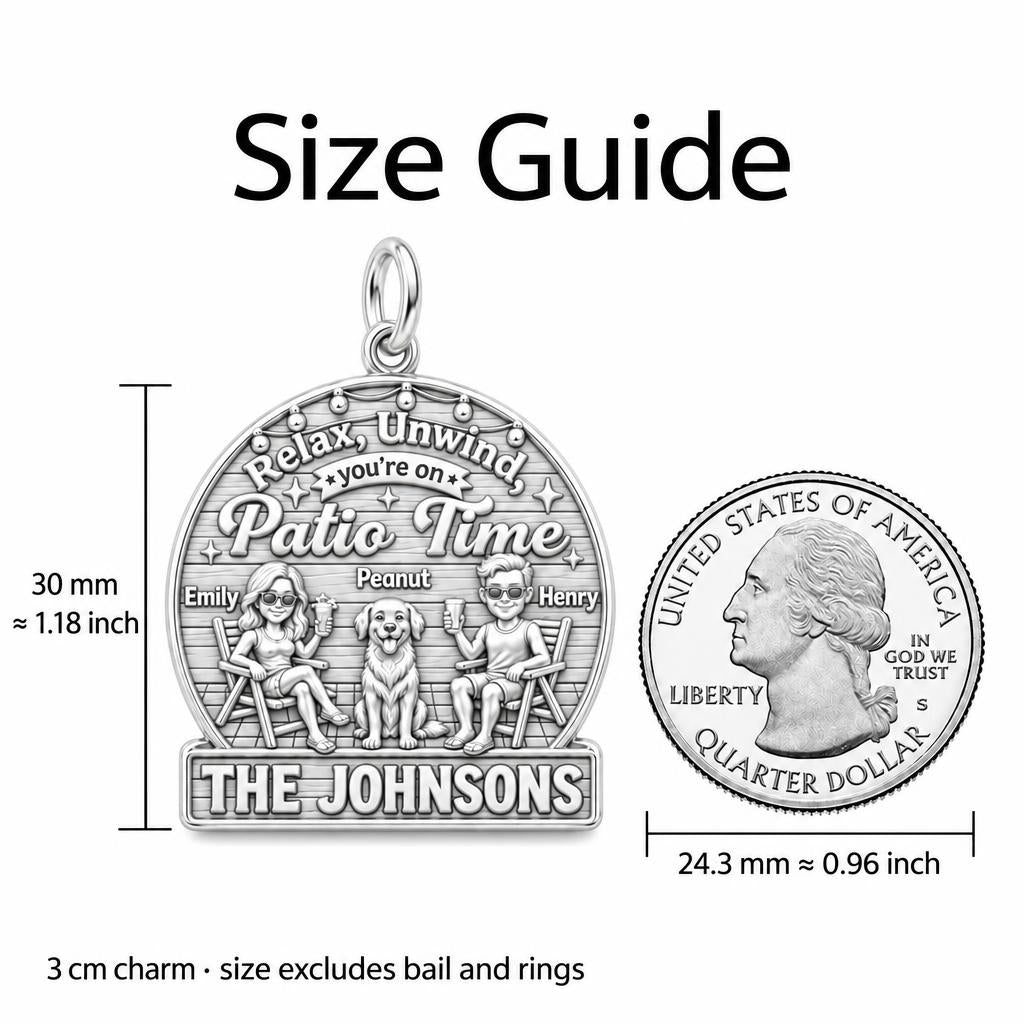 Patio Time Family Charm Bracelet – Personalized Couple Gift – size guide, 3 cm charm next to a quarter