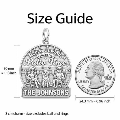 Patio Time Family Charm Bracelet – Personalized Couple Gift – size guide, 3 cm charm next to a quarter