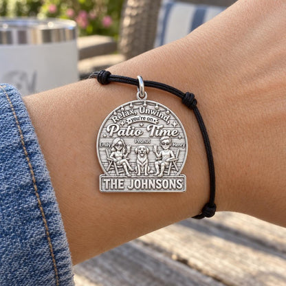 Patio Time Family Charm Bracelet – Personalized Couple Gift – worn on the wrist on a black cord bracelet