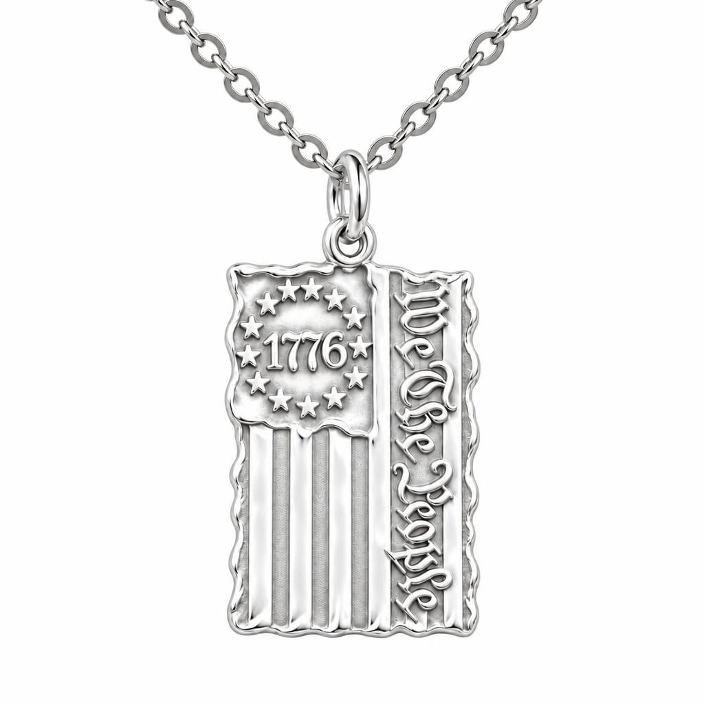 Patriot 1776 Flag Charm Necklace Set – silver, front view