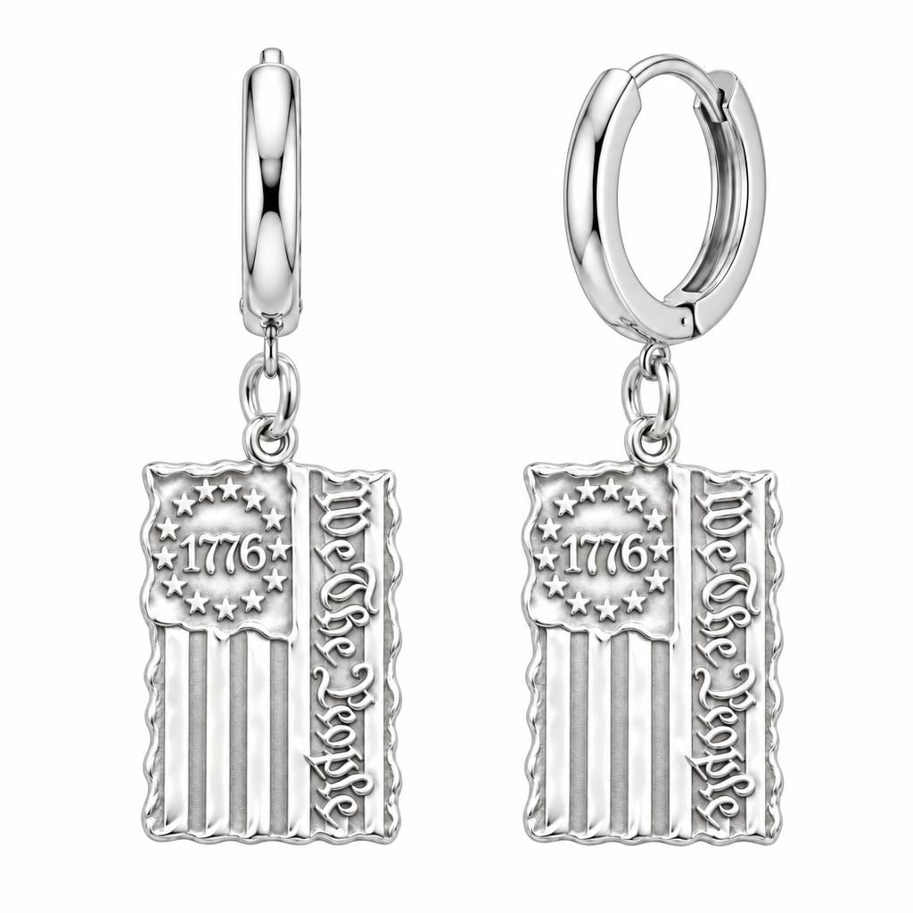 Patriot 1776 Flag Huggie Charm Earrings – silver, front view