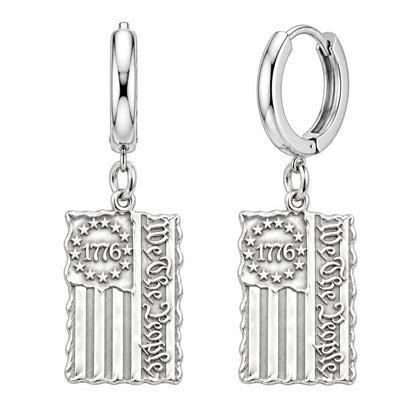 Patriot 1776 Flag Huggie Charm Earrings – silver, front view
