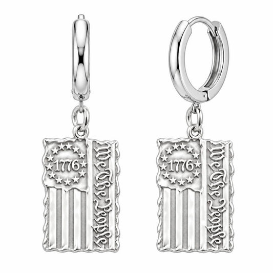 Patriot 1776 Flag Huggie Charm Earrings – silver, front view