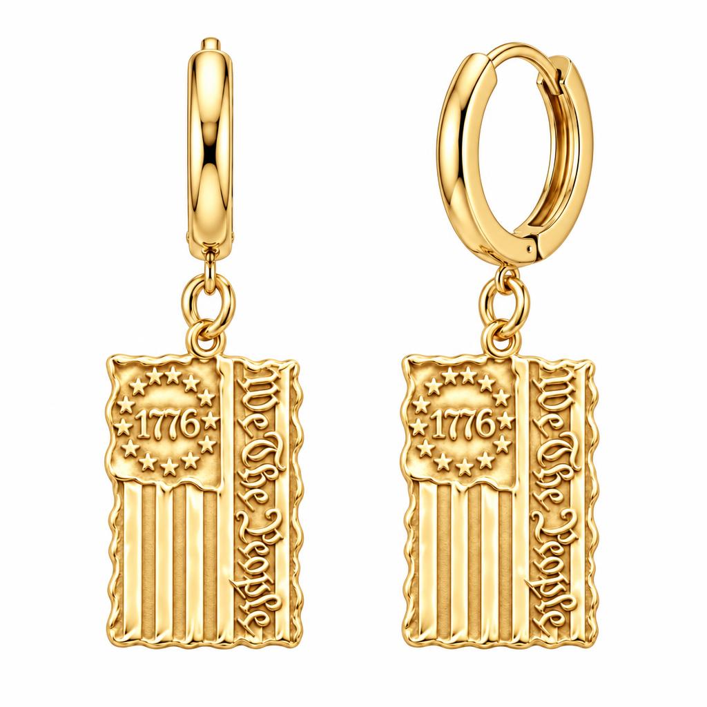 Patriot 1776 Flag Huggie Charm Earrings – 18K gold, front view
