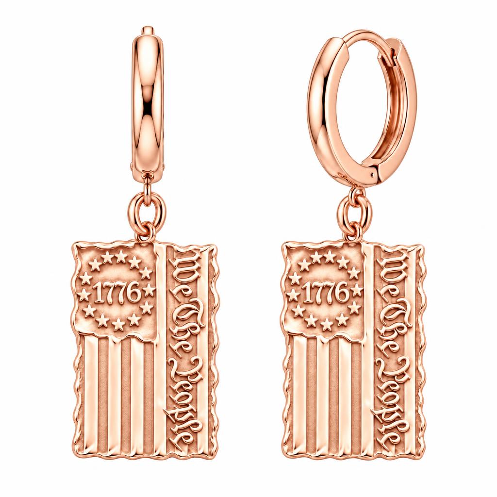 Patriot 1776 Flag Huggie Charm Earrings – rose gold, front view