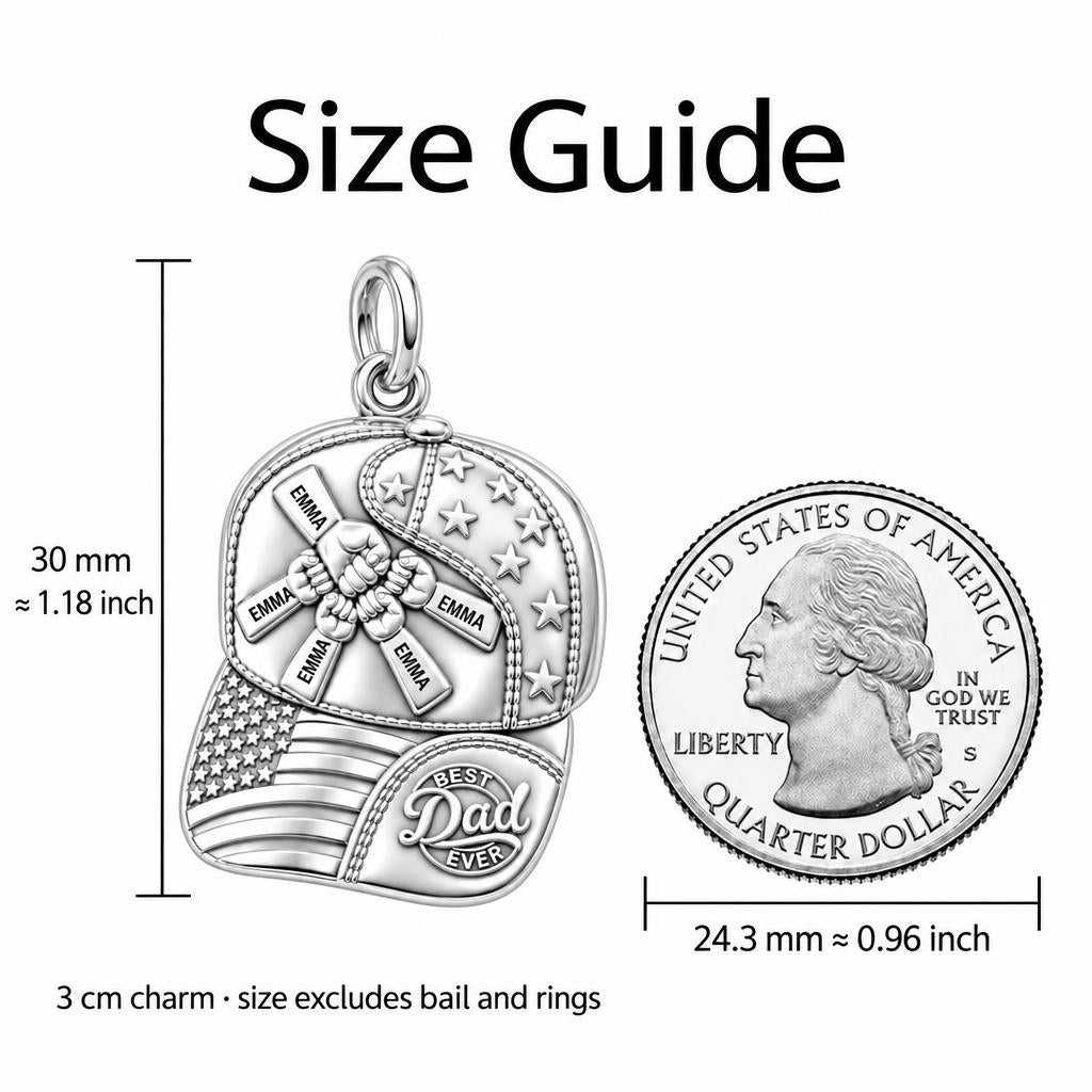 Patriot Dad Fist Bump Charm Bracelet – Personalized Dad Gift – size guide, 3 cm charm next to a quarter