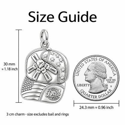 Patriot Dad Fist Bump Charm Bracelet – Personalized Dad Gift – size guide, 3 cm charm next to a quarter