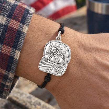 Patriot Dad Fist Bump Charm Bracelet – Personalized Dad Gift – worn on the wrist on a black cord bracelet