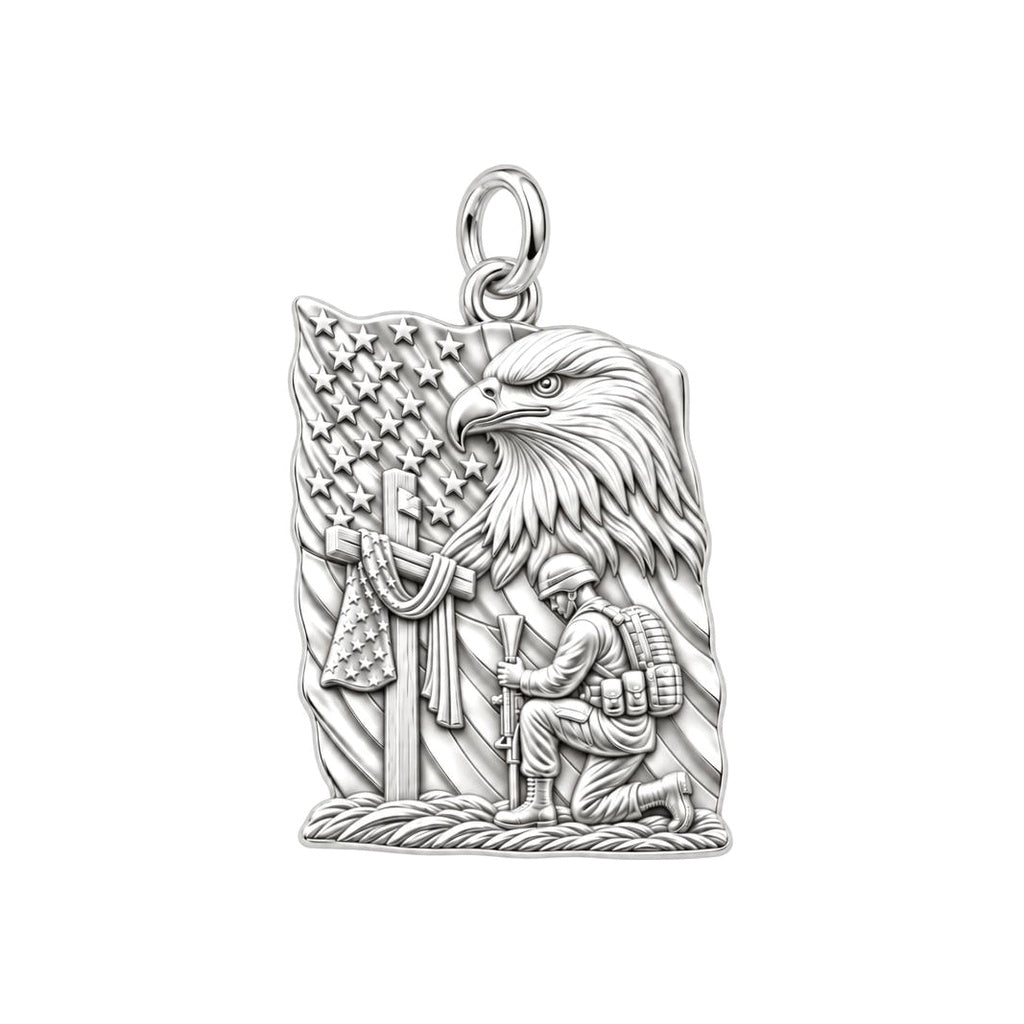 Patriot Kneeling in Prayer Charm Bracelet – Personalized Veteran Gift – silver charm, front view