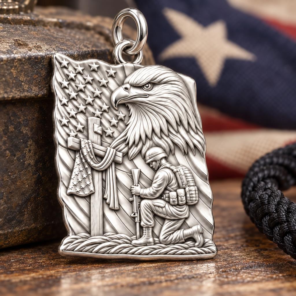 Patriot Kneeling in Prayer Charm Bracelet – Personalized Veteran Gift – macro detail of the charm