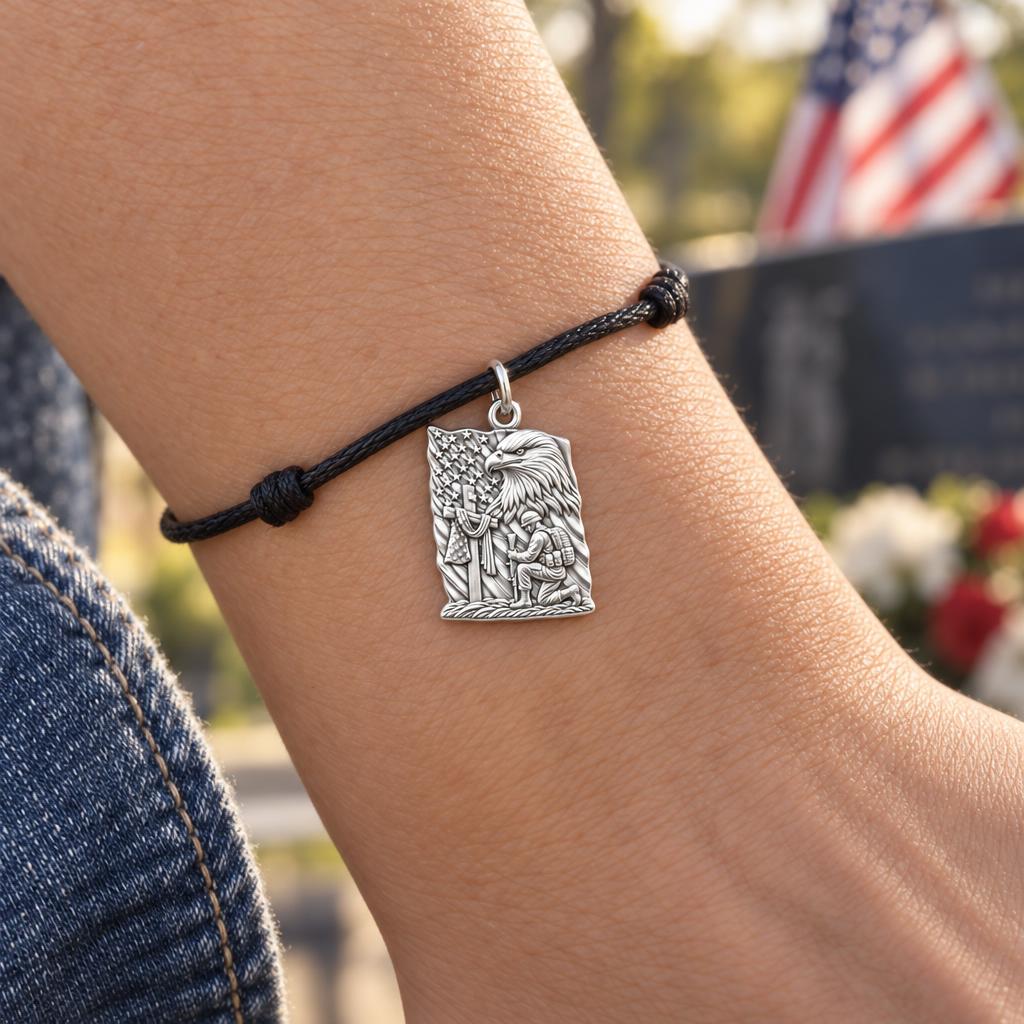 Patriot Kneeling in Prayer Charm Bracelet – Personalized Veteran Gift – worn on the wrist on a black cord bracelet