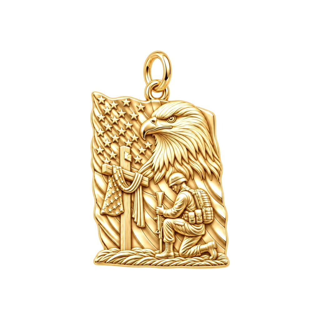Patriot Kneeling in Prayer Charm Bracelet – Personalized Veteran Gift – 18K gold charm, front view