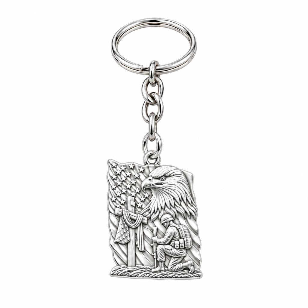 Patriot Kneeling in Prayer Charm Keychain – silver, front view