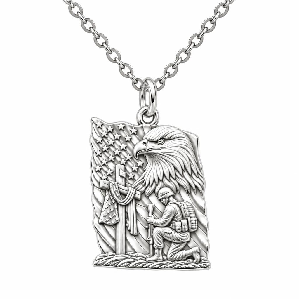 Patriot Kneeling in Prayer Charm Necklace Set – silver, front view