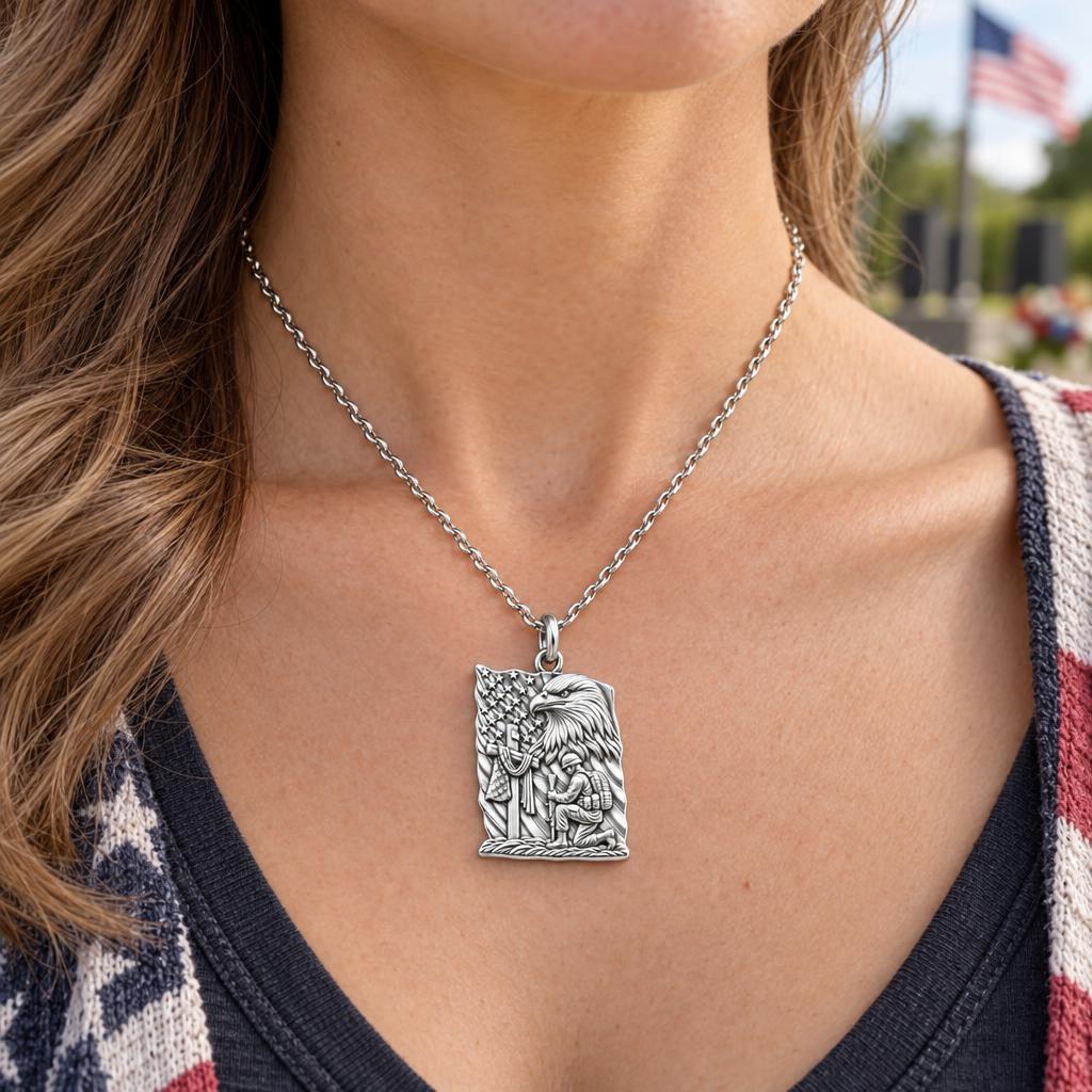 Patriot Kneeling in Prayer Charm Necklace Set – worn / in use