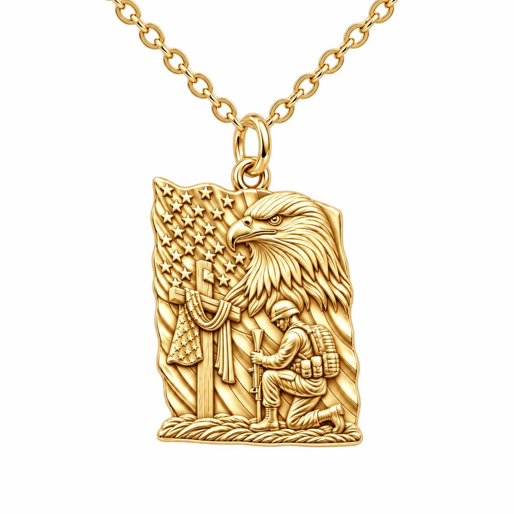 Patriot Kneeling in Prayer Charm Necklace Set – 18K gold, front view