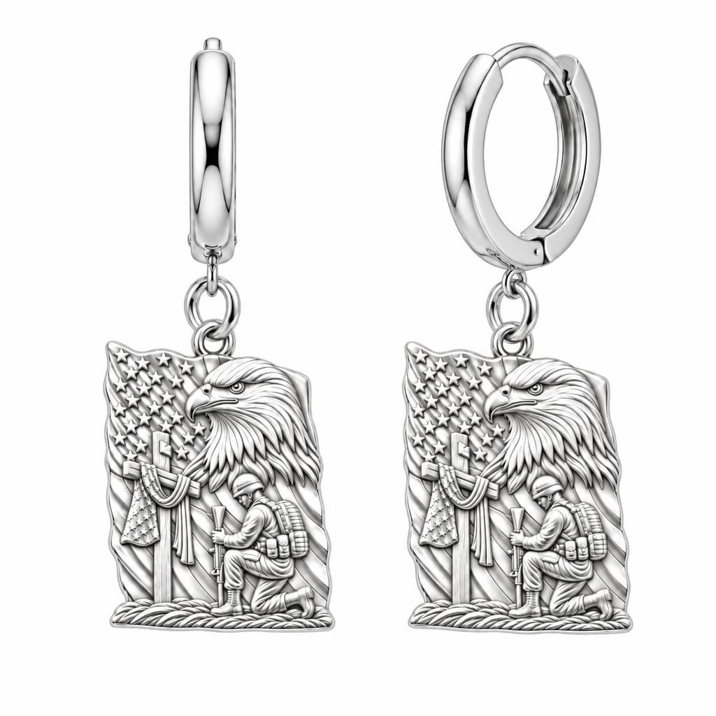 Patriot Kneeling in Prayer Huggie Charm Earrings – silver, front view