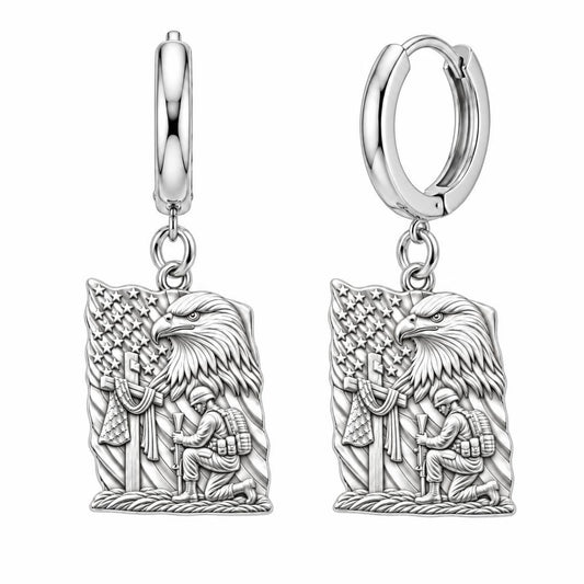 Patriot Kneeling in Prayer Huggie Charm Earrings – silver, front view
