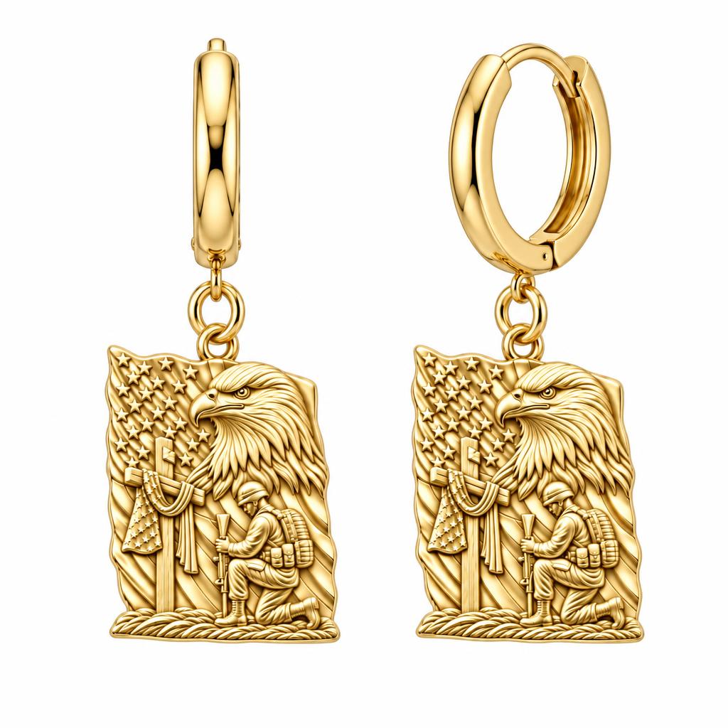 Patriot Kneeling in Prayer Huggie Charm Earrings – 18K gold, front view